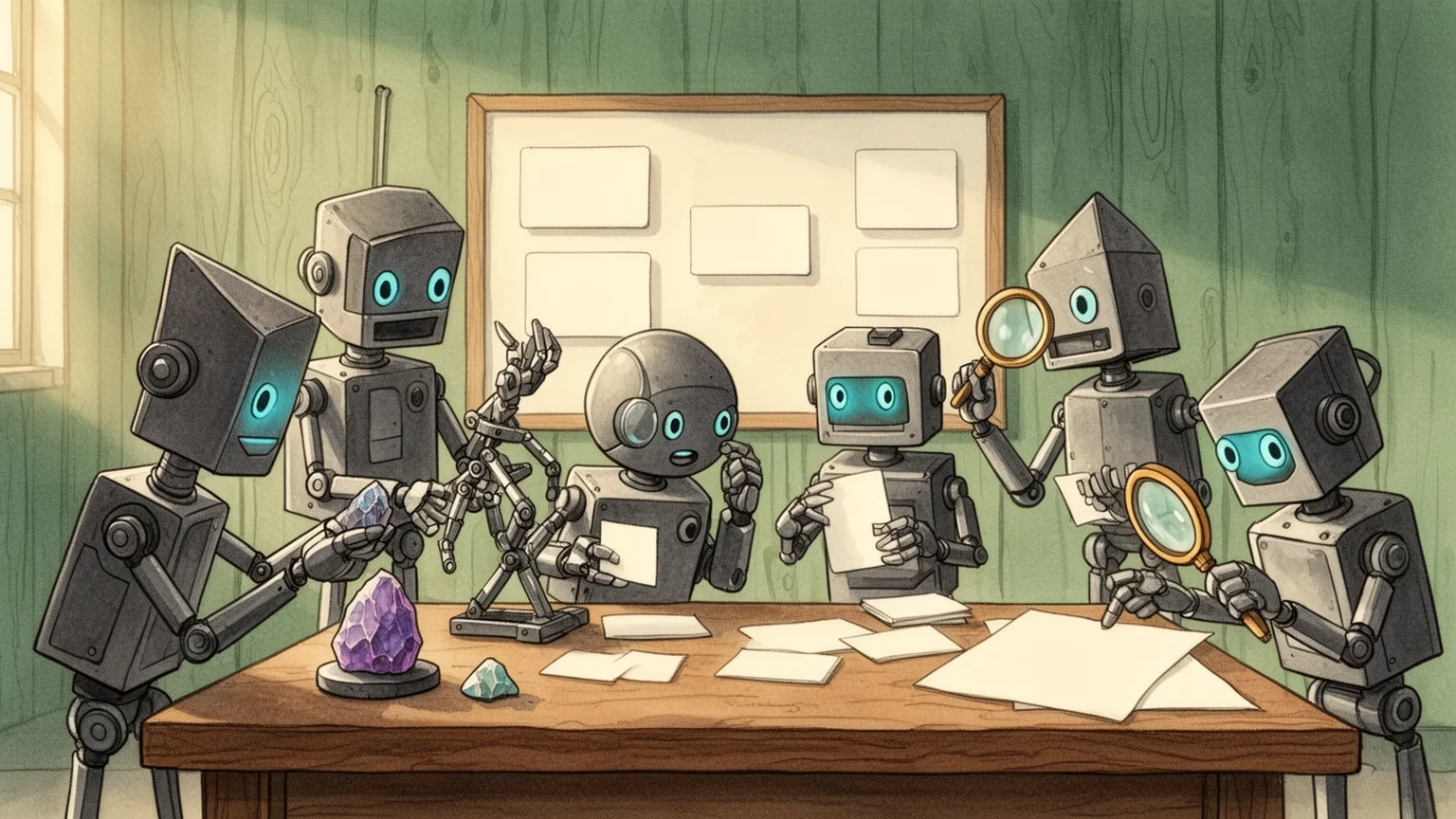 Six illustrated robot researchers investigating together around a table.