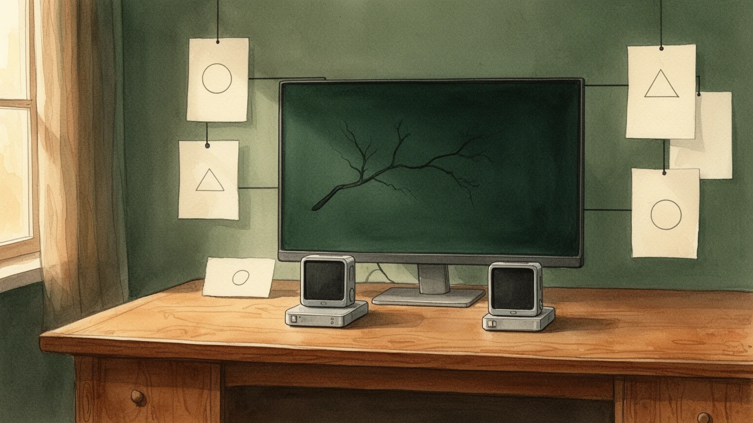An illustrated research workbench with two compact computers and connected notes.