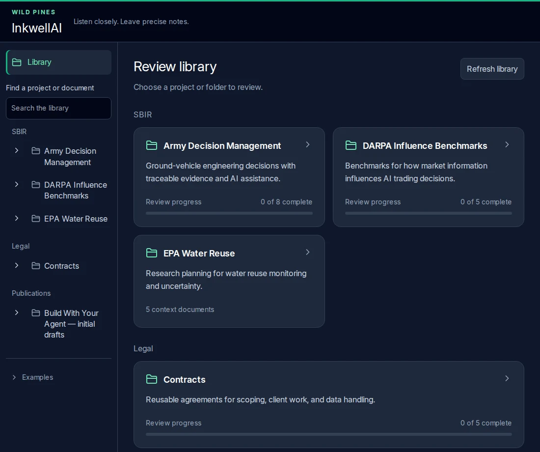 InkwellAI review library with project folders, document search and progress showing completed reviews.