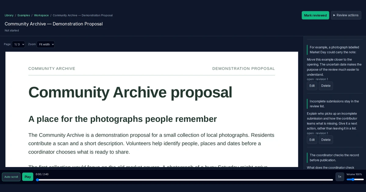 InkwellAI displaying a demonstration document with passage feedback beside the PDF.