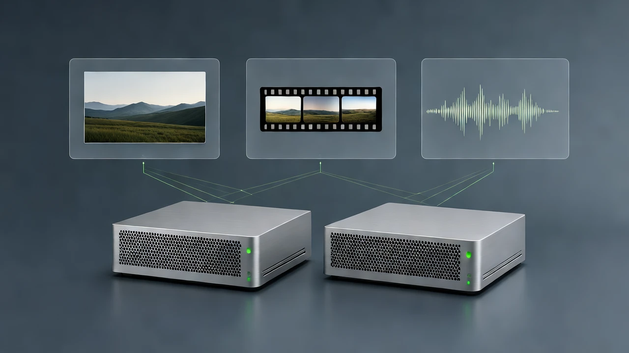 Two compact computers sharing image, video and audio processing work.
