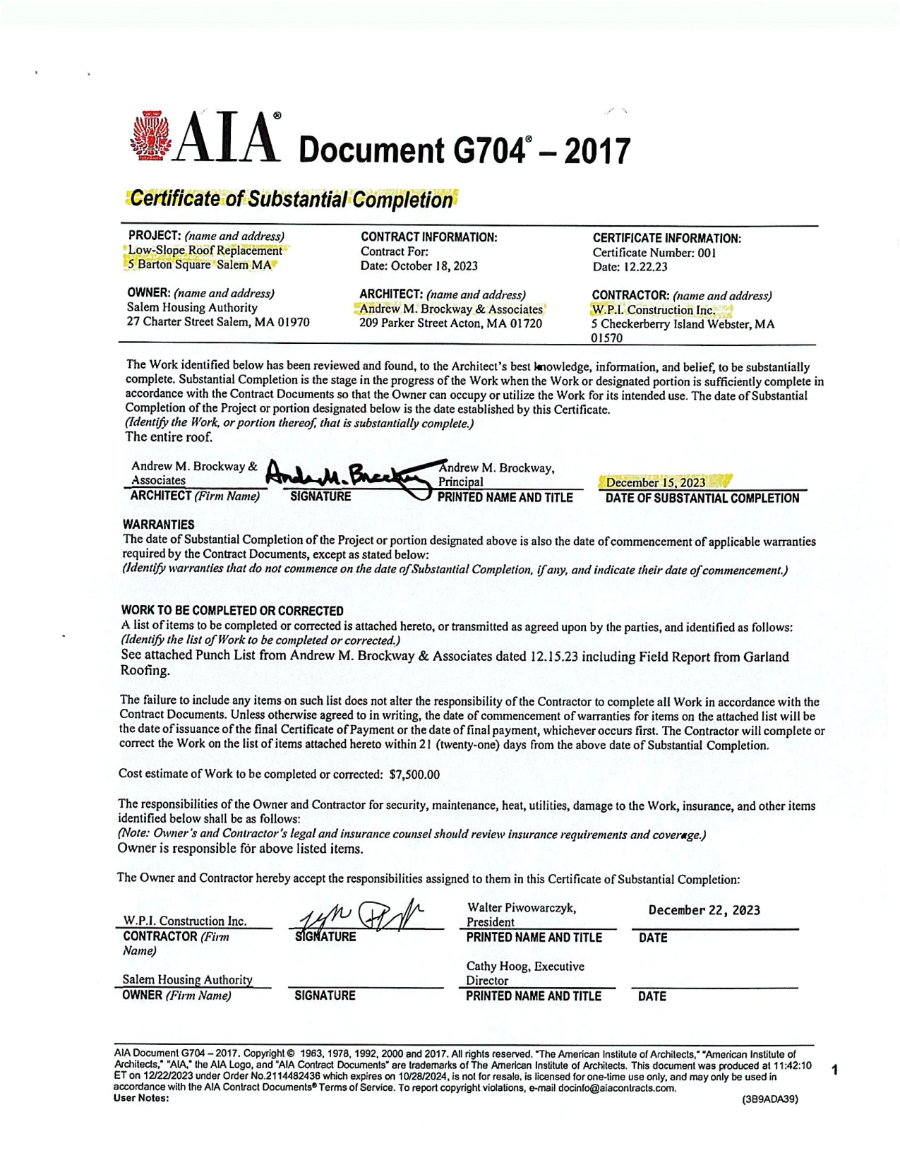 Original page 114. The certificate records the project, substantial-completion date and remaining-work estimate.