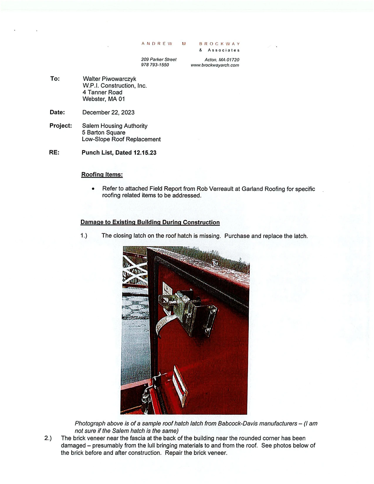 Original page 115. The letter specifies the latch and brick repairs. The manufacturer’s latch image is a reference sample.