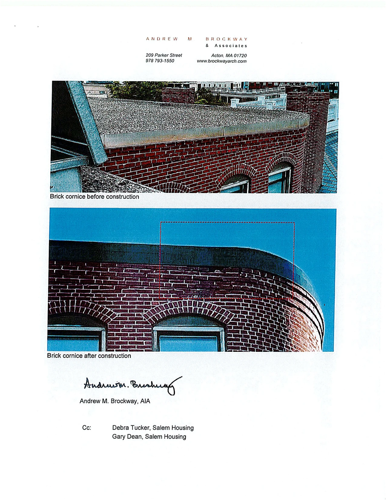 Original page 116. The architect’s letter includes photographs of the brick cornice before and after construction.