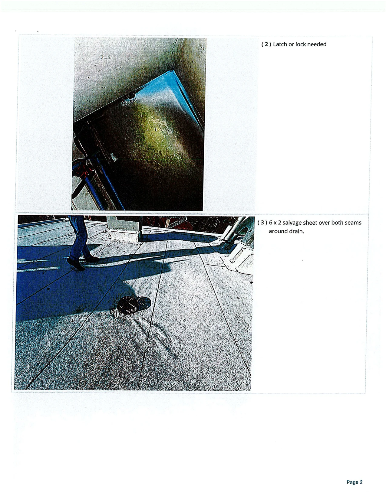 Original page 118. Field-report photographs show the roof hatch and a separate drain observation.