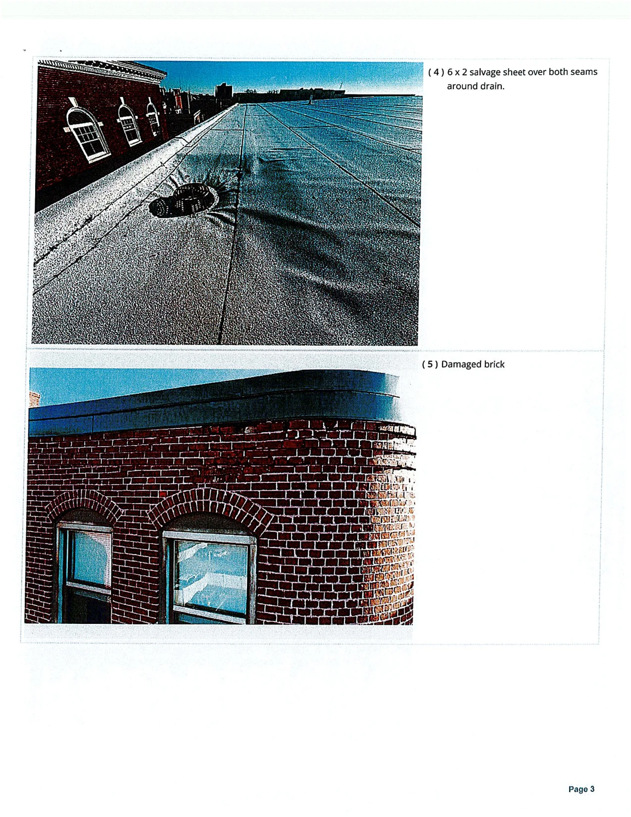 Original page 119. Field-report photographs show another drain observation and the damaged brick corner.