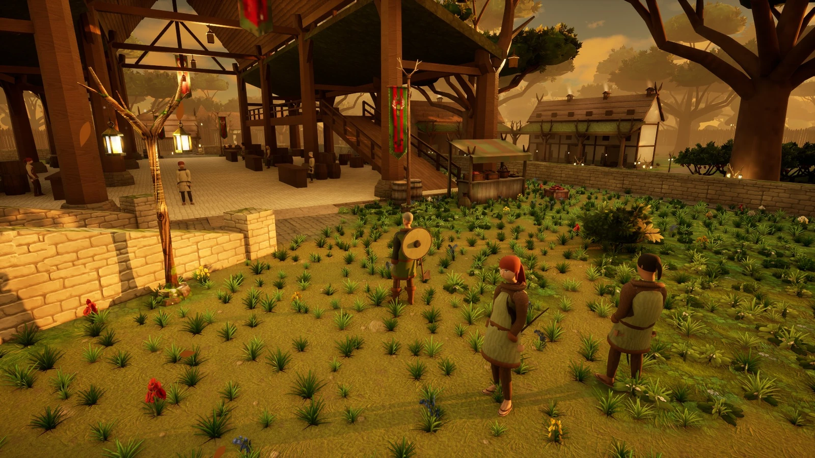 Three party members outside Lanternhold’s timber Market Hall at dusk.