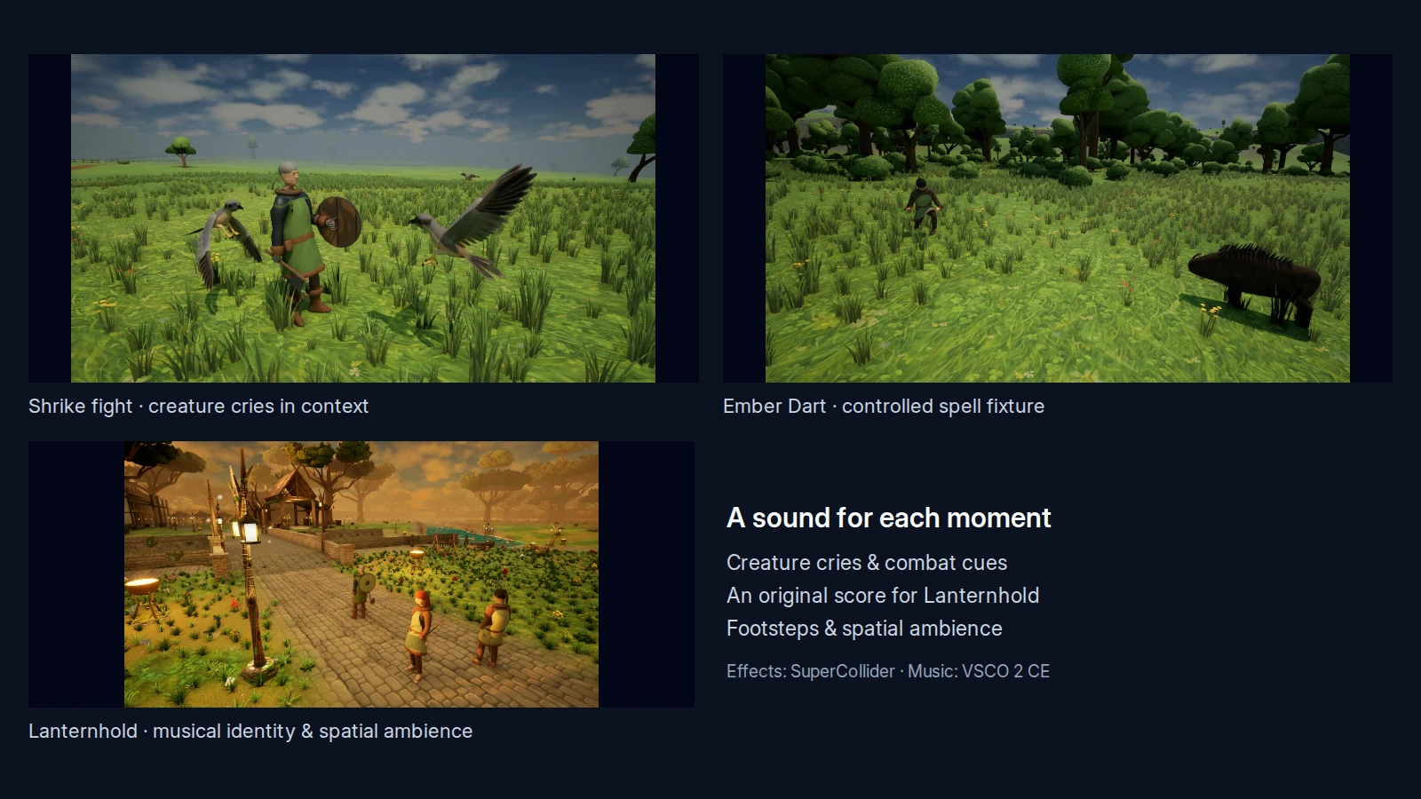 Sound and music examples pairing a Shrike fight and an Ember Dart spell with Lanternhold, connecting combat cues, an original town score, footsteps and spatial ambience.