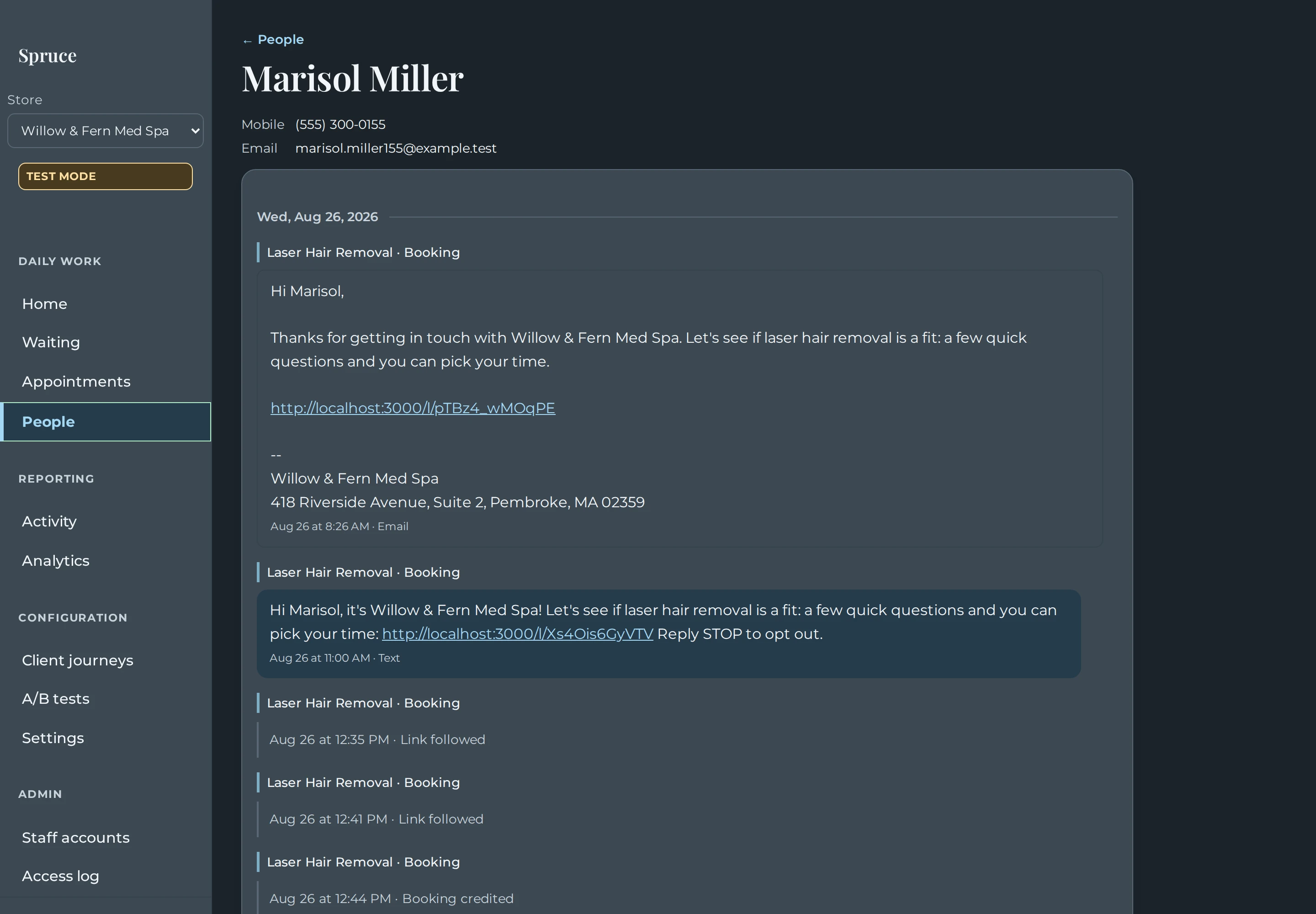 Spruce customer conversation with appointment messages and follow-up history.