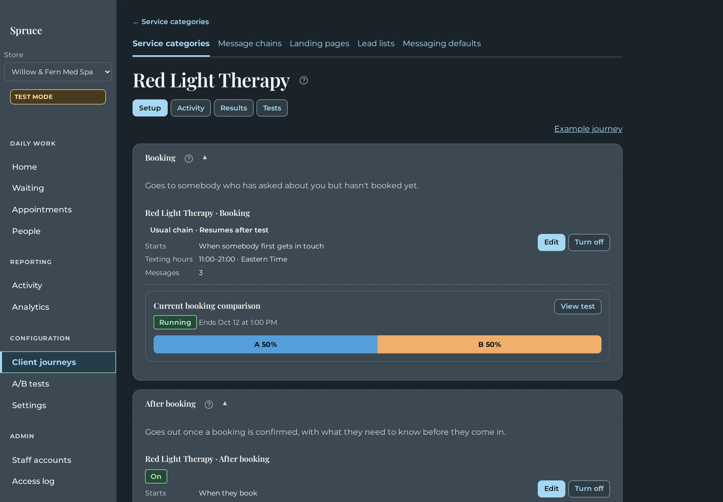 Spruce configured client journey with booking and follow-up message chains.