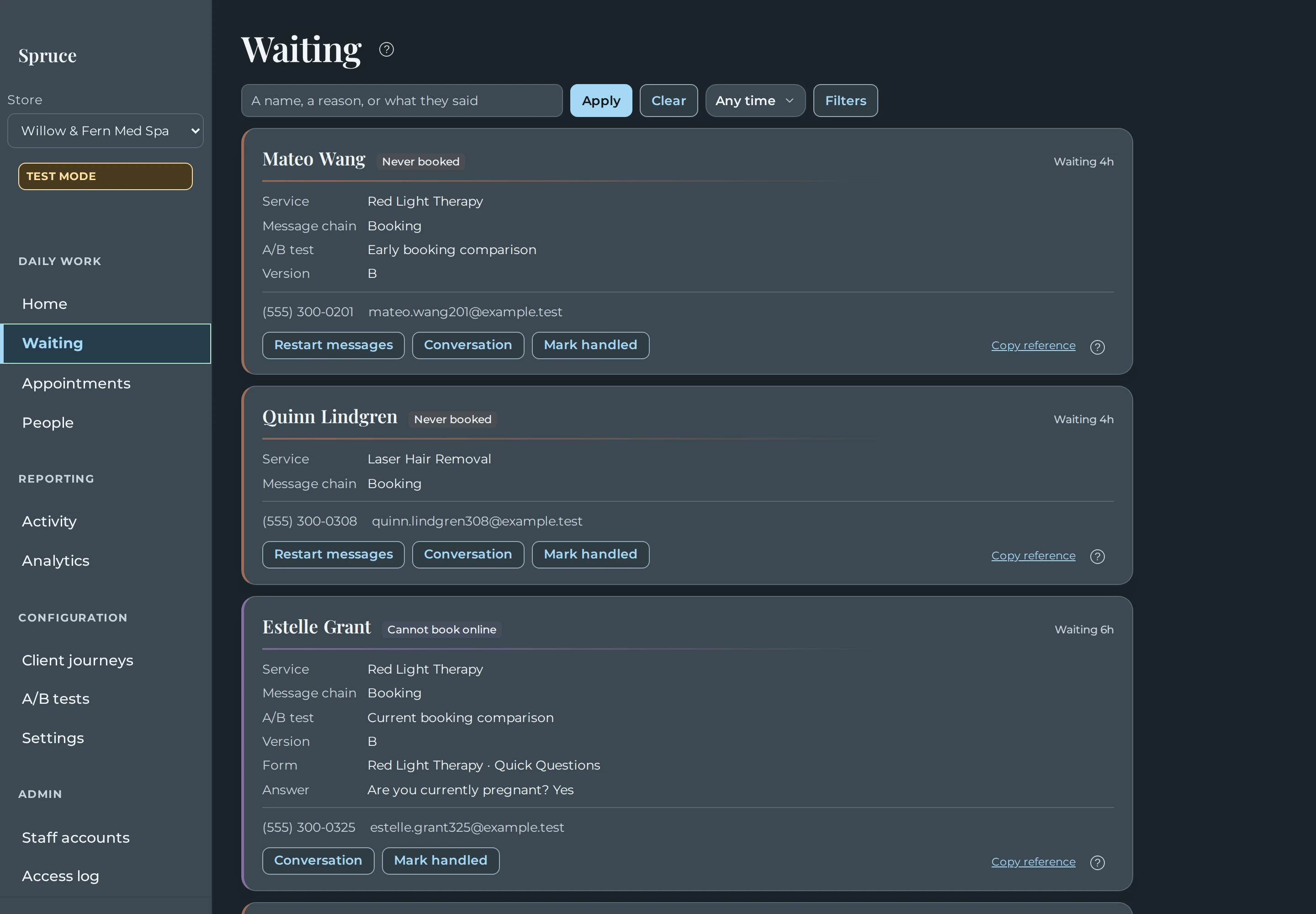 Spruce Waiting view with customer details and cases needing staff attention.