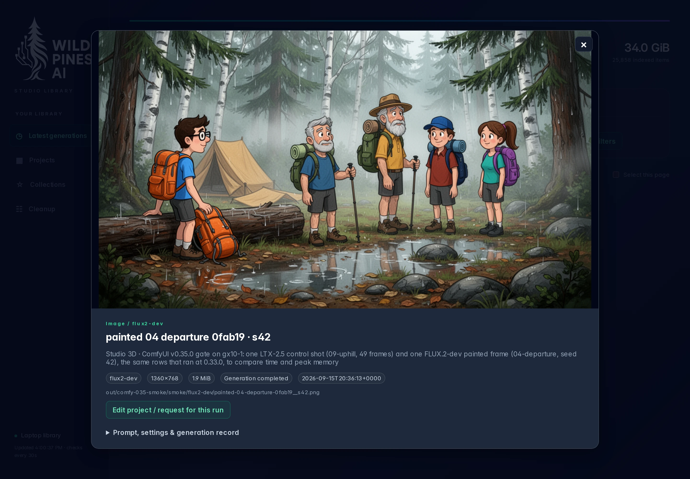 Studio Library asset review with image preview and generation details.
